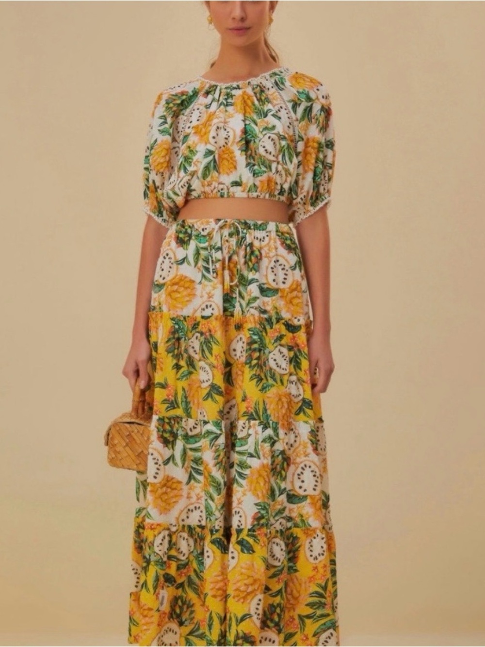 Farm Rio Two Piece Set S Mixed Biriba Maxi Skirt Cropped Top Tiered Tassel Print